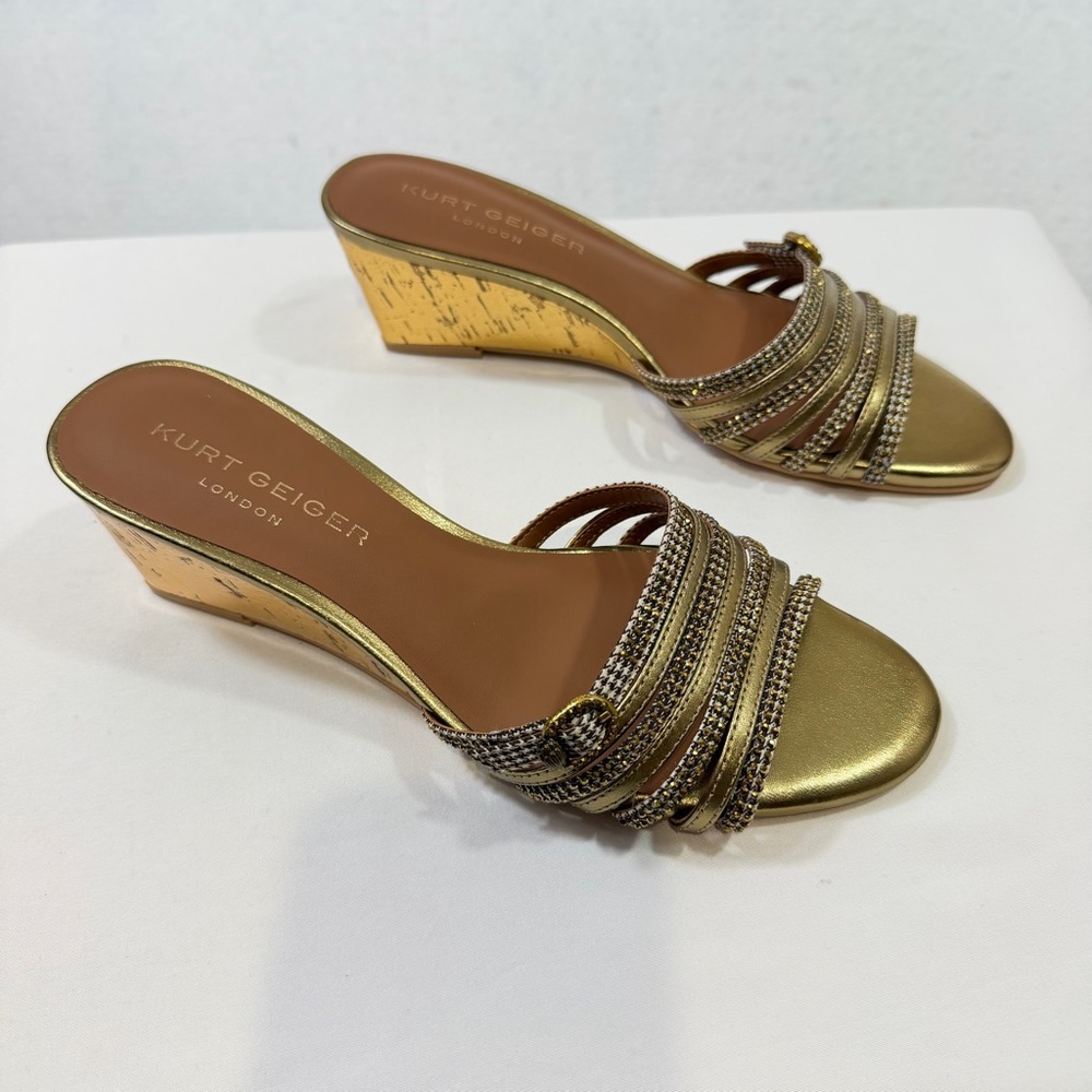 Kurt Geiger London Gold Crystal-Strap Wedge Slides Sandals Size 38.5 Women 8 US - Picture 3 of 11